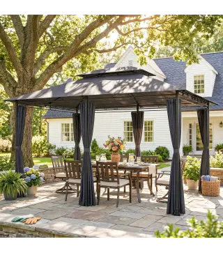 Cenador para Jardín 3x4 m Pabellón de Jardín Gazebo con Doble Techo 6 Paredes Laterales Estructura Metálica Gris