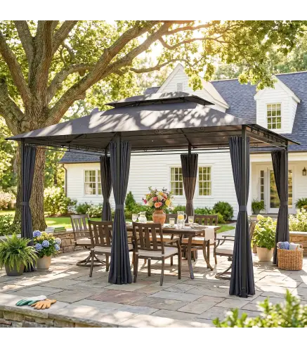 Cenador para Jardín 3x4 m Pabellón de Jardín Gazebo con Doble Techo 6 Paredes Laterales Estructura Metálica Gris