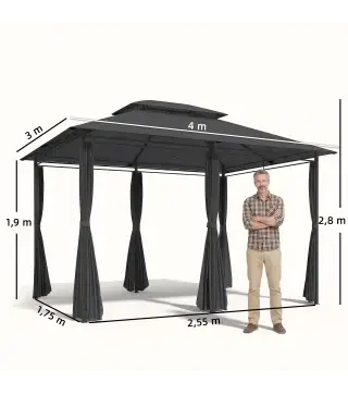 Cenador para Jardín 3x4 m Pabellón de Jardín Gazebo con Doble Techo 6 Paredes Laterales Estructura Metálica Gris