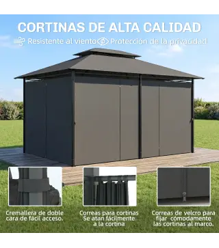 Cenador para Jardín 3x4 m Pabellón de Jardín Gazebo con Doble Techo 6 Paredes Laterales Estructura Metálica Gris