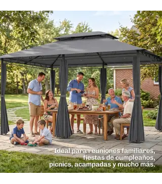 Cenador para Jardín 3x4 m Pabellón de Jardín Gazebo con Doble Techo 6 Paredes Laterales Estructura Metálica Gris