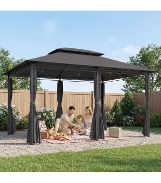 Cenador para Jardín 3x4 m Pabellón de Jardín Gazebo con Doble Techo 6 Paredes Laterales Estructura Metálica Gris
