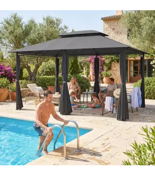 Cenador para Jardín 3x4 m Pabellón de Jardín Gazebo con Doble Techo 6 Paredes Laterales Estructura Metálica Gris