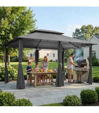 Cenador para Jardín 3x4 m Pabellón de Jardín Gazebo con Doble Techo 6 Paredes Laterales Estructura Metálica Gris