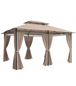 Cenador para Jardín 3x4 m Pabellón de Jardín Gazebo con Doble Techo 6 Paredes Laterales Estructura Metálica Caqui