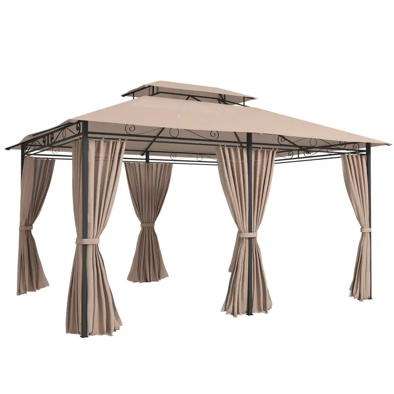 Cenador para Jardín 3x4 m Pabellón de Jardín Gazebo con Doble Techo 6 Paredes Laterales Estructura Metálica Caqui