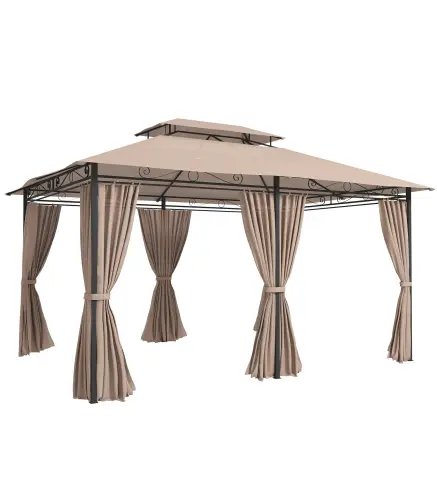 Cenador para Jardín 3x4 m Pabellón de Jardín Gazebo con Doble Techo 6 Paredes Laterales Estructura Metálica Caqui