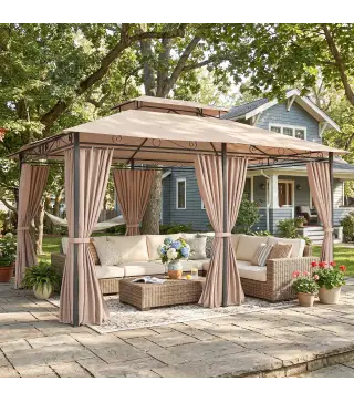 Cenador para Jardín 3x4 m Pabellón de Jardín Gazebo con Doble Techo 6 Paredes Laterales Estructura Metálica Caqui