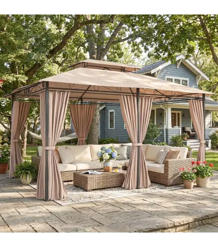 Cenador para Jardín 3x4 m Pabellón de Jardín Gazebo con Doble Techo 6 Paredes Laterales Estructura Metálica Caqui