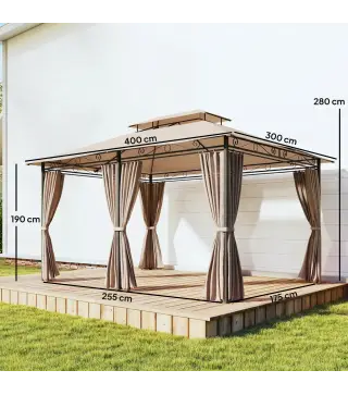 Cenador para Jardín 3x4 m Pabellón de Jardín Gazebo con Doble Techo 6 Paredes Laterales Estructura Metálica Caqui