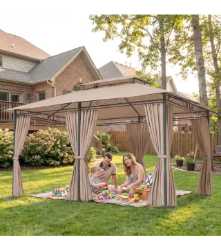 Cenador para Jardín 3x4 m Pabellón de Jardín Gazebo con Doble Techo 6 Paredes Laterales Estructura Metálica Caqui