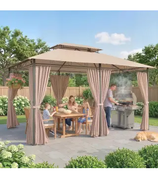 Cenador para Jardín 3x4 m Pabellón de Jardín Gazebo con Doble Techo 6 Paredes Laterales Estructura Metálica Caqui