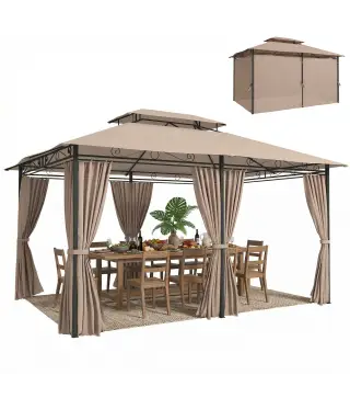 Cenador para Jardín 3x4 m Pabellón de Jardín Gazebo con Doble Techo 6 Paredes Laterales Estructura Metálica Caqui