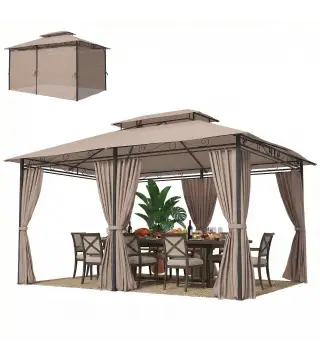 Cenador para Jardín 3x4 m Pabellón de Jardín Gazebo con Doble Techo 6 Paredes Laterales Estructura Metálica Caqui