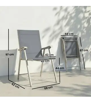 Conjunto de 4 Sillas de Jardín Exterior Plegables con Respaldo Alto y Reposabrazos para Terraza Playa 58x62x97 cm Gris