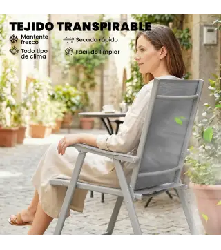 Conjunto de 4 Sillas de Jardín Exterior Plegables con Respaldo Alto y Reposabrazos para Terraza Playa 58x62x97 cm Gris