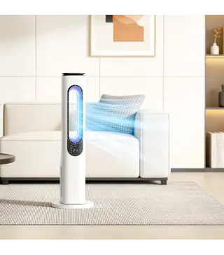 Ventilador de Torre sin Aspas con Luces LED Control Remoto 3 Velocidades 3 Modos Temporizador 15H Oscilación 50° Blanco