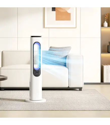 Ventilador de Torre sin Aspas con Luces LED Control Remoto 3 Velocidades 3 Modos Temporizador 15H Oscilación 50° Blanco