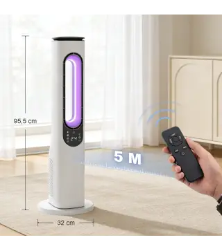 Ventilador de Torre sin Aspas con Luces LED Control Remoto 3 Velocidades 3 Modos Temporizador 15H Oscilación 50° Blanco