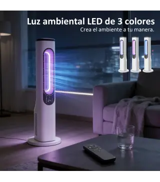Ventilador de Torre sin Aspas con Luces LED Control Remoto 3 Velocidades 3 Modos Temporizador 15H Oscilación 50° Blanco