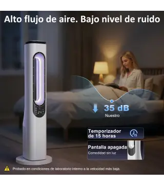 Ventilador de Torre sin Aspas con Luces LED Control Remoto 3 Velocidades 3 Modos Temporizador 15H Oscilación 50° Blanco