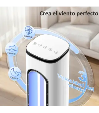 Ventilador de Torre sin Aspas con Luces LED Control Remoto 3 Velocidades 3 Modos Temporizador 15H Oscilación 50° Blanco