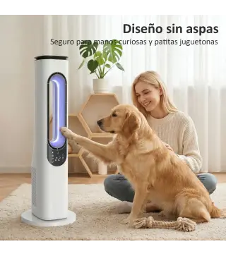 Ventilador de Torre sin Aspas con Luces LED Control Remoto 3 Velocidades 3 Modos Temporizador 15H Oscilación 50° Blanco