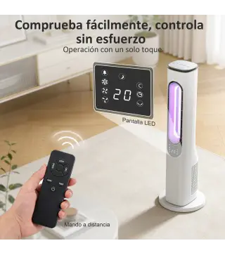 Ventilador de Torre sin Aspas con Luces LED Control Remoto 3 Velocidades 3 Modos Temporizador 15H Oscilación 50° Blanco