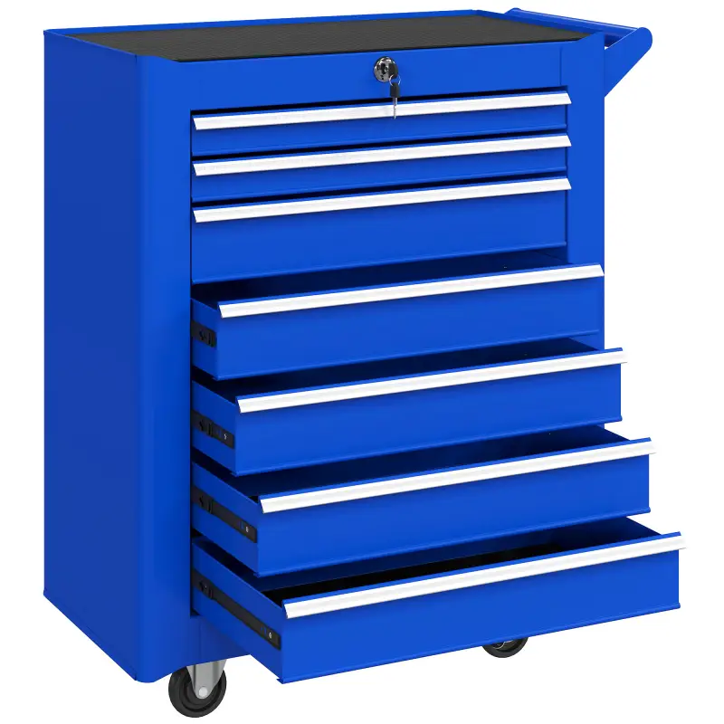 Carro de Herramientas con 7 Cajones Cerradura Asa 2 Ruedas con Freno de Bloqueo para Garaje Hogar Azul