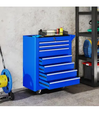Carro de Herramientas con 7 Cajones Cerradura Asa 2 Ruedas con Freno de Bloqueo para Garaje Hogar Azul