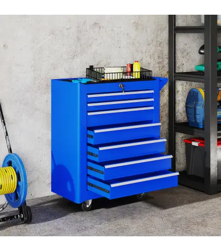 Carro de Herramientas con 7 Cajones Cerradura Asa 2 Ruedas con Freno de Bloqueo para Garaje Hogar Azul