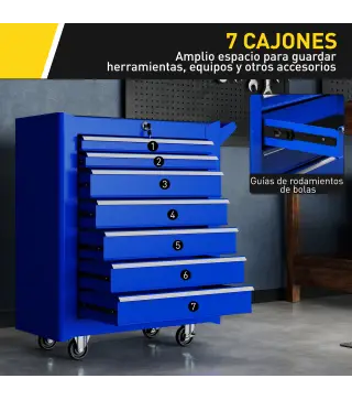 Carro de Herramientas con 7 Cajones Cerradura Asa 2 Ruedas con Freno de Bloqueo para Garaje Hogar Azul