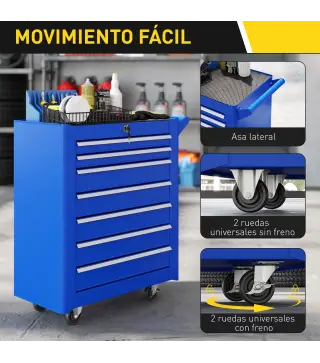 Carro de Herramientas con 7 Cajones Cerradura Asa 2 Ruedas con Freno de Bloqueo para Garaje Hogar Azul