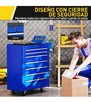 Carro de Herramientas con 7 Cajones Cerradura Asa 2 Ruedas con Freno de Bloqueo para Garaje Hogar Azul