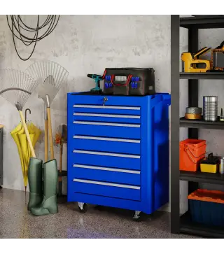 Carro de Herramientas con 7 Cajones Cerradura Asa 2 Ruedas con Freno de Bloqueo para Garaje Hogar Azul