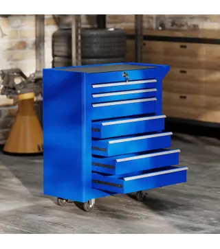 Carro de Herramientas con 7 Cajones Cerradura Asa 2 Ruedas con Freno de Bloqueo para Garaje Hogar Azul