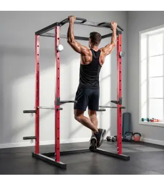 Jaula de Potencia Rack de Sentadillas con Barra Dominadas Estación de Fondos Ajustable para Casa Gimnasio Carga 460 kg