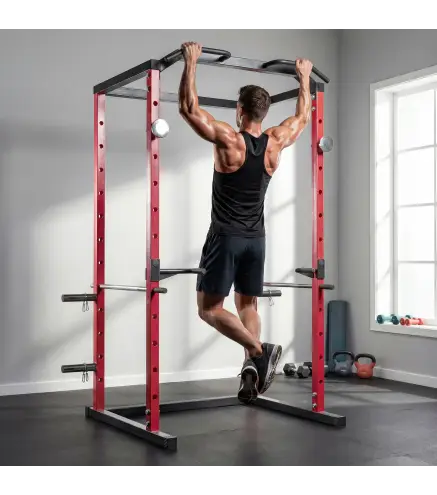 Jaula de Potencia Rack de Sentadillas con Barra Dominadas Estación de Fondos Ajustable para Casa Gimnasio Carga 460 kg