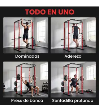 Jaula de Potencia Rack de Sentadillas con Barra Dominadas Estación de Fondos Ajustable para Casa Gimnasio Carga 460 kg