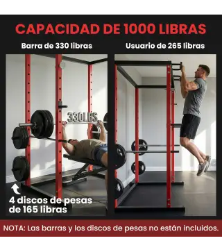 Jaula de Potencia Rack de Sentadillas con Barra Dominadas Estación de Fondos Ajustable para Casa Gimnasio Carga 460 kg