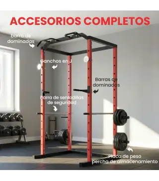 Jaula de Potencia Rack de Sentadillas con Barra Dominadas Estación de Fondos Ajustable para Casa Gimnasio Carga 460 kg