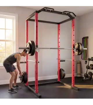 Jaula de Potencia Rack de Sentadillas con Barra Dominadas Estación de Fondos Ajustable para Casa Gimnasio Carga 460 kg