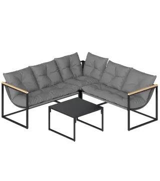 Conjunto de Jardín Exterior con Cojines Gruesos 2 Sofás de 2 Plazas Sofá de Esquina y Mesa de Centro de Vidrio Gris