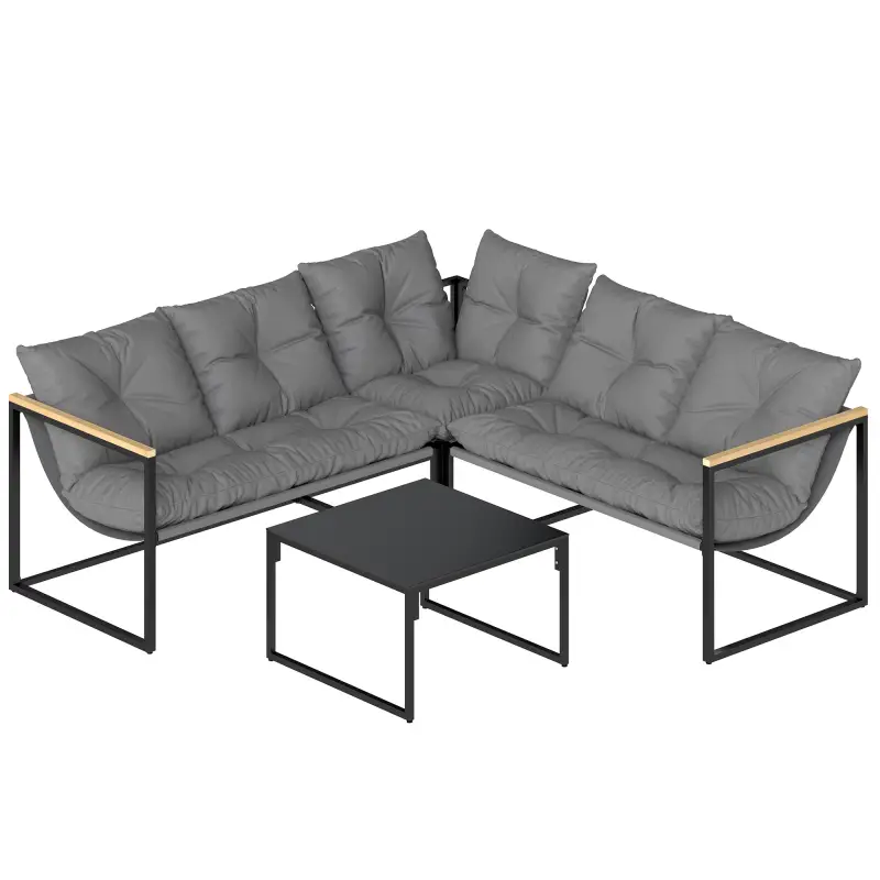 Conjunto de Jardín Exterior con Cojines Gruesos 2 Sofás de 2 Plazas Sofá de Esquina y Mesa de Centro de Vidrio Gris