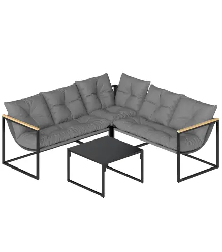 Conjunto de Jardín Exterior con Cojines Gruesos 2 Sofás de 2 Plazas Sofá de Esquina y Mesa de Centro de Vidrio Gris