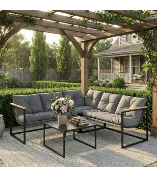 Conjunto de Jardín Exterior con Cojines Gruesos 2 Sofás de 2 Plazas Sofá de Esquina y Mesa de Centro de Vidrio Gris