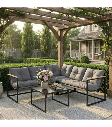 Conjunto de Jardín Exterior con Cojines Gruesos 2 Sofás de 2 Plazas Sofá de Esquina y Mesa de Centro de Vidrio Gris