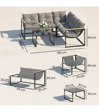 Conjunto de Jardín Exterior con Cojines Gruesos 2 Sofás de 2 Plazas Sofá de Esquina y Mesa de Centro de Vidrio Gris