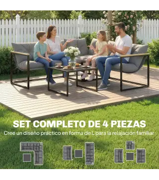 Conjunto de Jardín Exterior con Cojines Gruesos 2 Sofás de 2 Plazas Sofá de Esquina y Mesa de Centro de Vidrio Gris