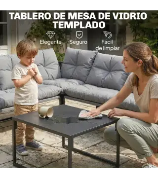 Conjunto de Jardín Exterior con Cojines Gruesos 2 Sofás de 2 Plazas Sofá de Esquina y Mesa de Centro de Vidrio Gris